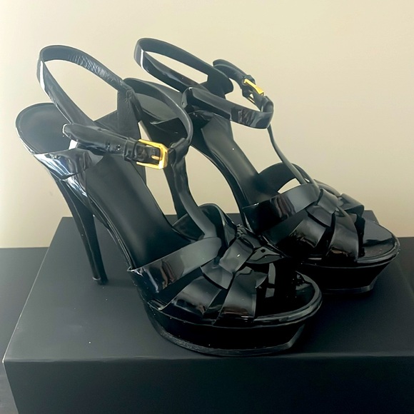 SAINT LAURENT Tribute Black Patent Leather Size 8.5 - Picture 1 of 9